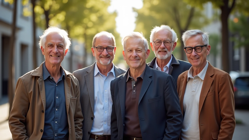 Photo professionnelle montrant un groupe de seniors dans un cadre urbain moderne, démontrant la visibilité croissante de la population âgée