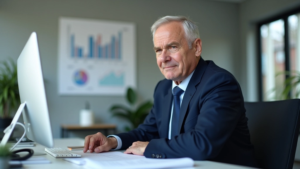 Homme senior en costume dans un bureau moderne, travaillant sur des documents d'analyse financière avec graphiques
