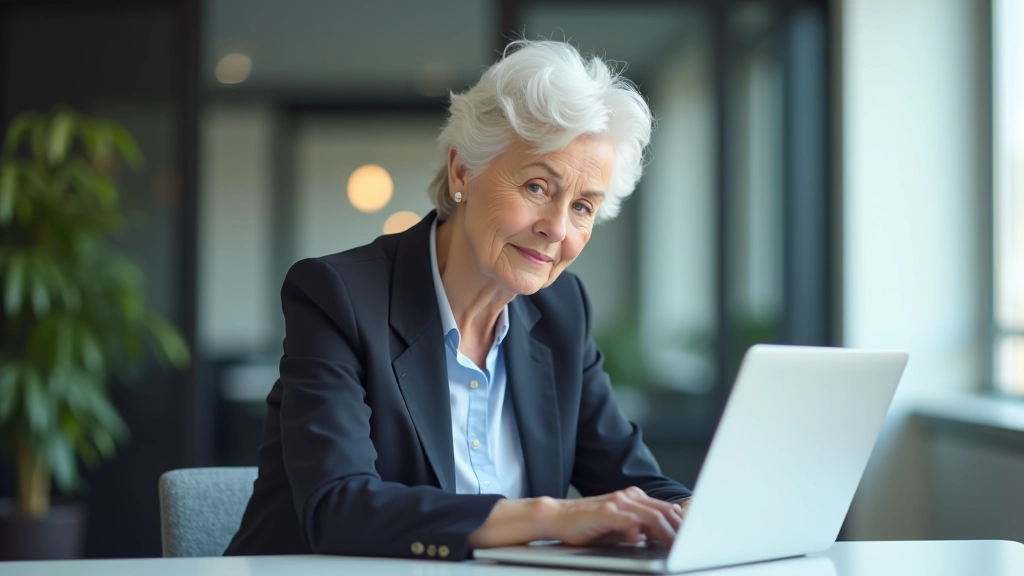 Femme senior actifs au travail dans un environnement professionnel moderne avec ordinateur portable