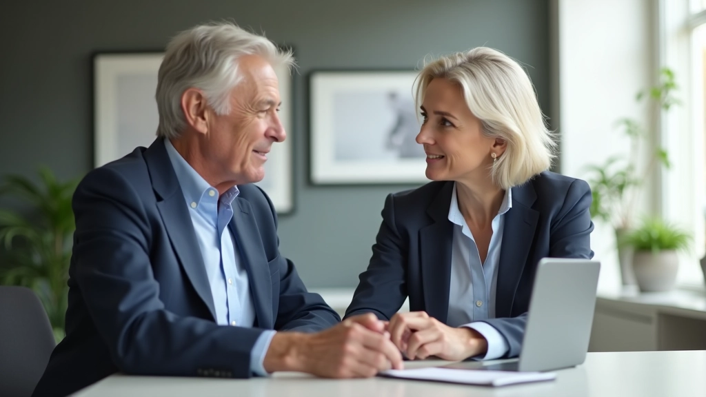 Deux professionnels seniors assis face à face lors d'une réunion de mentorat, l'un pointant vers un écran d'ordinateur portable