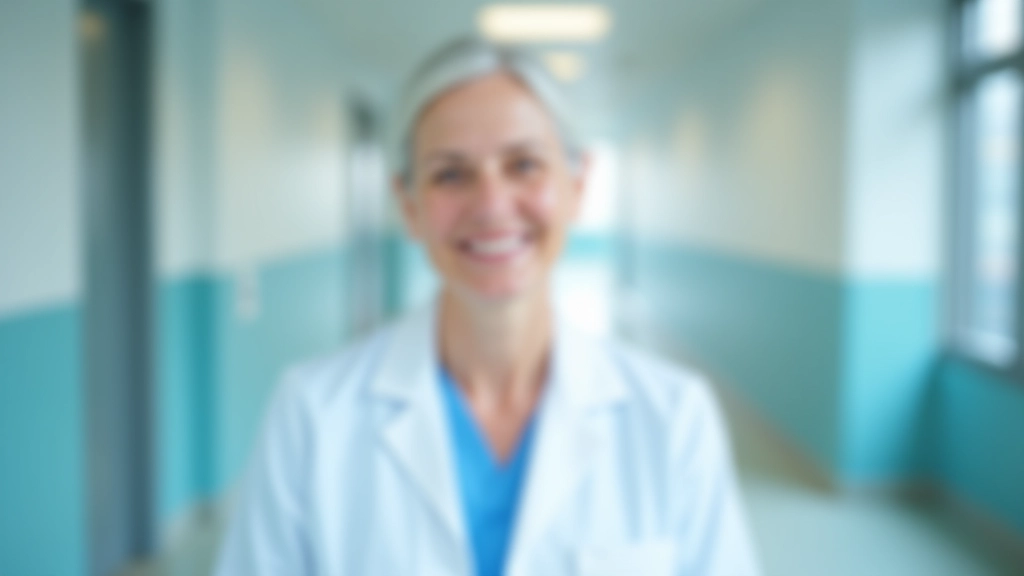 Femme senior infirmière dans un hôpital moderne, portant son uniforme, souriant à la caméra dans un couloir lumineux